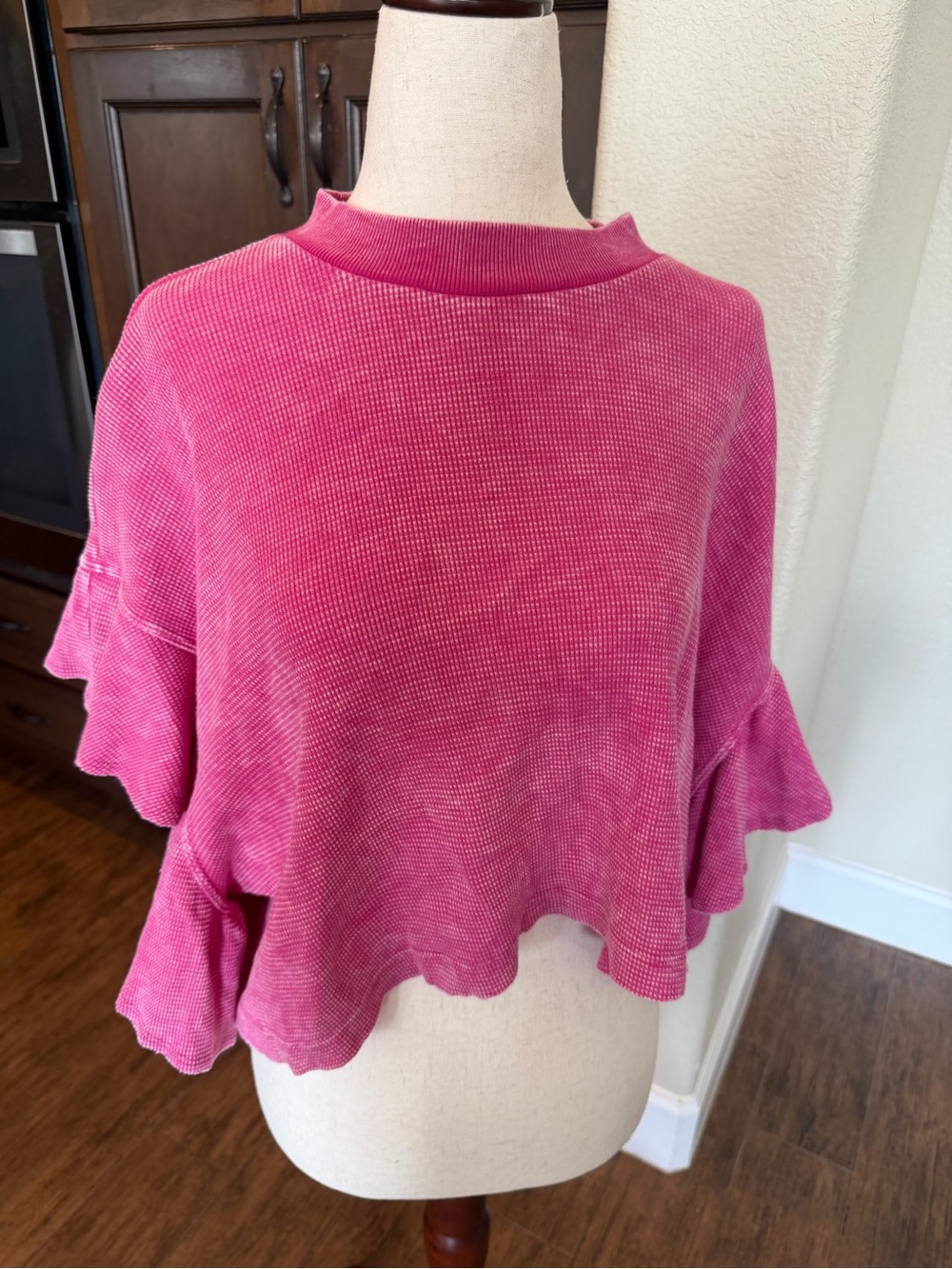 Altar’d State Pink Thermal Ruffle Sleeve Babydoll Top